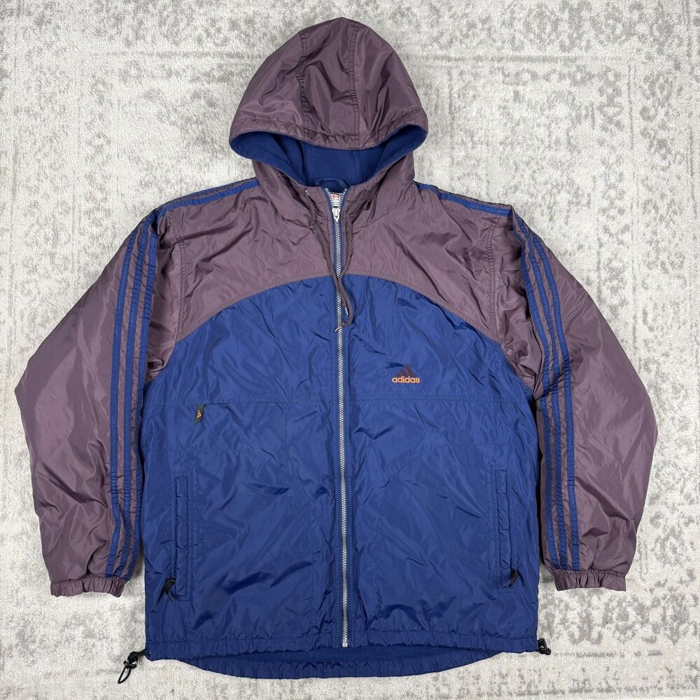 Vintage Adidas Blue Full Zip Puffer Jacket Lined Adjustable Hooded Size Medium